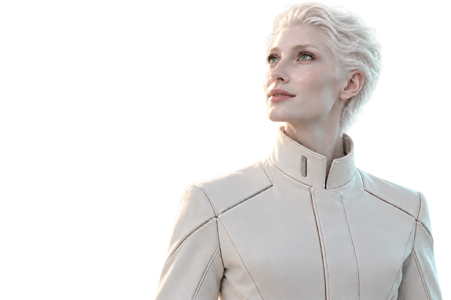 Welcoming, subtly alien figure with detailed pale ivory skin, bright green eyes, swept-back platinum-white hair, and a futuristic white jacket