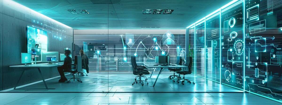 a sleek, futuristic digital marketing agency office illuminated in bright teal and white tones features modern professionals collaborating around holographic displays, with ai neural network overlays and floating data panels seamlessly integrated into the ambient, tech-forward environment, symbolizing the transformative impact of ai-driven seo on patient outcomes.