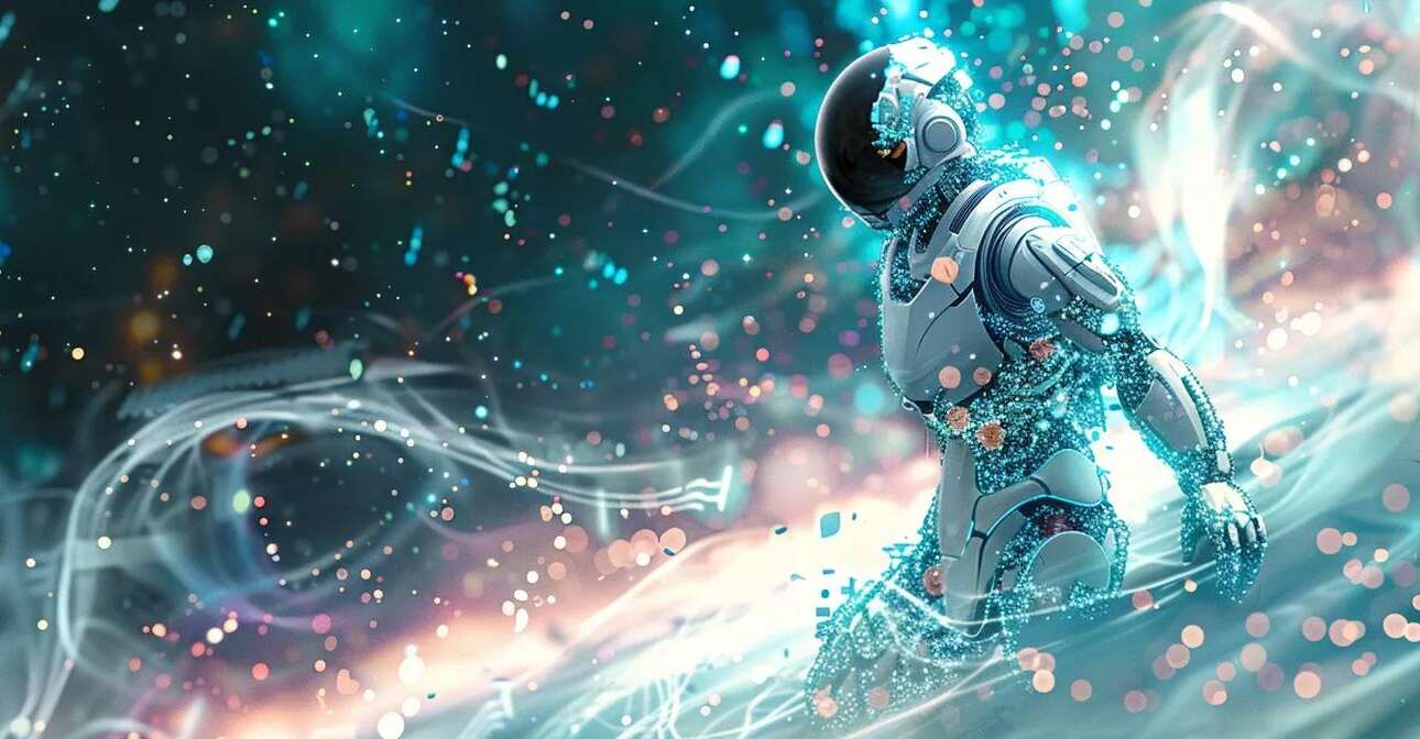 a stunningly detailed ai robot floats majestically in a cosmic expanse, surrounded by swirling data streams and luminous particles that embody the essence of groundbreaking seo innovation, illuminated by a striking palette of white, teal, and purple against a backdrop of stars and galaxies.