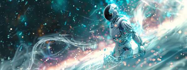 a stunningly detailed ai robot floats majestically in a cosmic expanse, surrounded by swirling data streams and luminous particles that embody the essence of groundbreaking seo innovation, illuminated by a striking palette of white, teal, and purple against a backdrop of stars and galaxies.