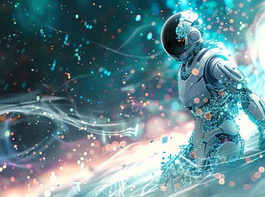 a stunningly detailed ai robot floats majestically in a cosmic expanse, surrounded by swirling data streams and luminous particles that embody the essence of groundbreaking seo innovation, illuminated by a striking palette of white, teal, and purple against a backdrop of stars and galaxies.