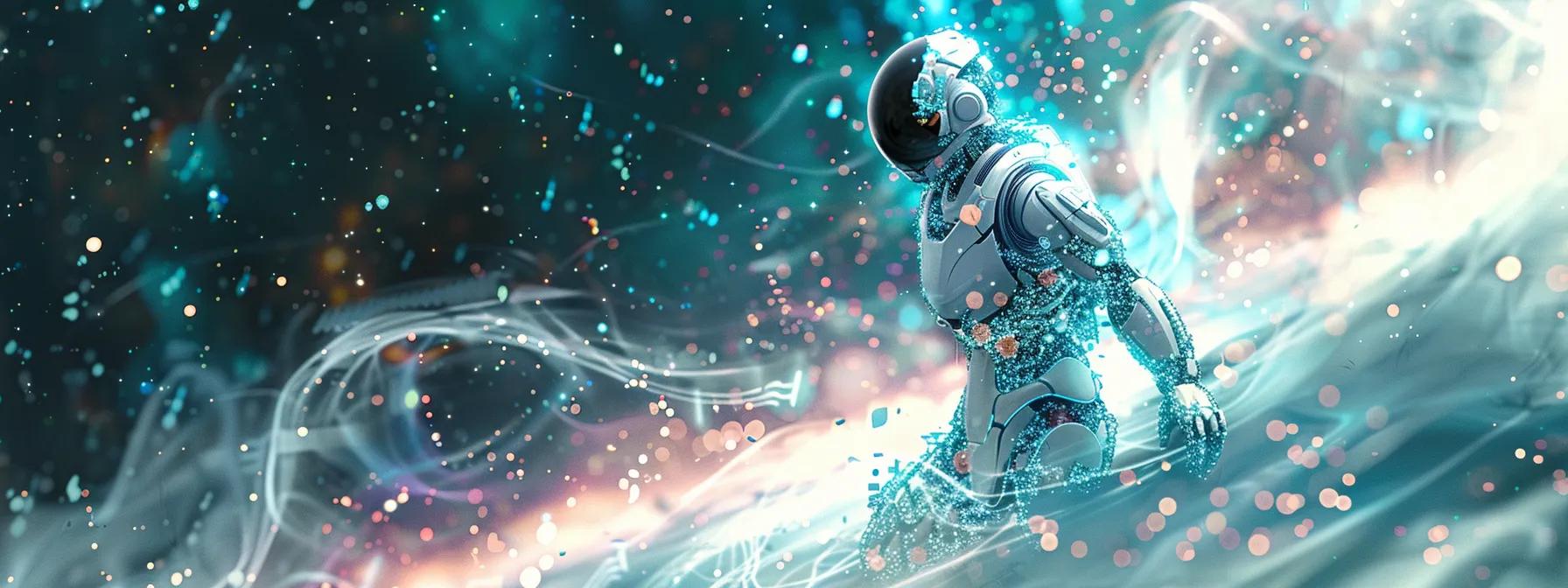 a stunningly detailed ai robot floats majestically in a cosmic expanse, surrounded by swirling data streams and luminous particles that embody the essence of groundbreaking seo innovation, illuminated by a striking palette of white, teal, and purple against a backdrop of stars and galaxies.