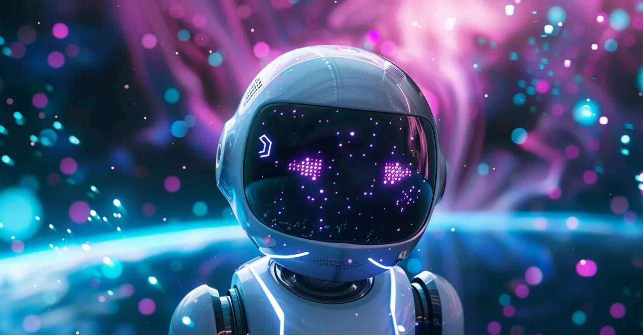 an ultra-realistic ai robot hovers within a mesmerizing cosmic tableau, immersed in swirling data streams and ethereal light particles, framed by vibrant white and teal hues accented with purple highlights, capturing a glimpse of its perception of the universe.