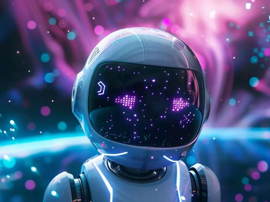an ultra-realistic ai robot hovers within a mesmerizing cosmic tableau, immersed in swirling data streams and ethereal light particles, framed by vibrant white and teal hues accented with purple highlights, capturing a glimpse of its perception of the universe.