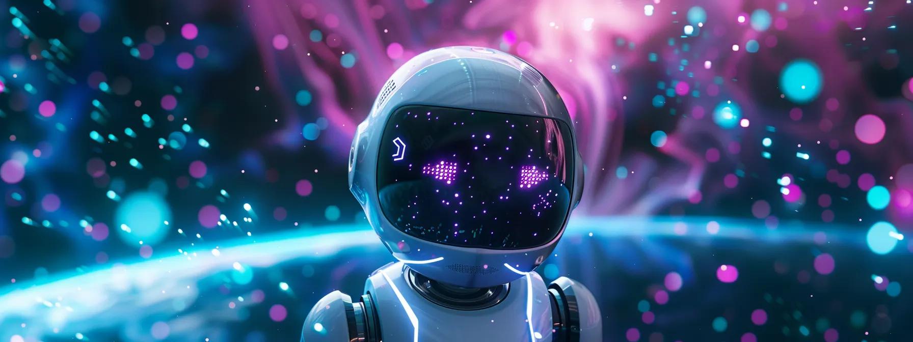an ultra-realistic ai robot hovers within a mesmerizing cosmic tableau, immersed in swirling data streams and ethereal light particles, framed by vibrant white and teal hues accented with purple highlights, capturing a glimpse of its perception of the universe.