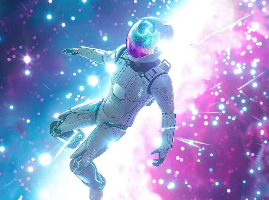 an ultra-realistic, high-quality image of a sleek ai robot elegantly suspended in a vibrant cosmic expanse, surrounded by swirling data streams and luminous light particles in a striking white and teal scheme with purple highlights against a backdrop of stars and nebulae.