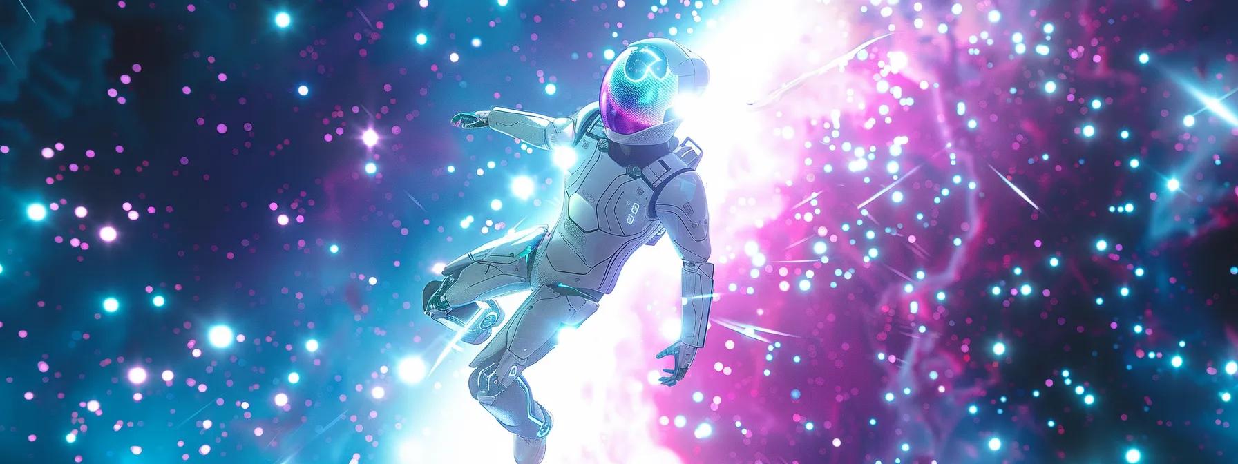 an ultra-realistic, high-quality image of a sleek ai robot elegantly suspended in a vibrant cosmic expanse, surrounded by swirling data streams and luminous light particles in a striking white and teal scheme with purple highlights against a backdrop of stars and nebulae.