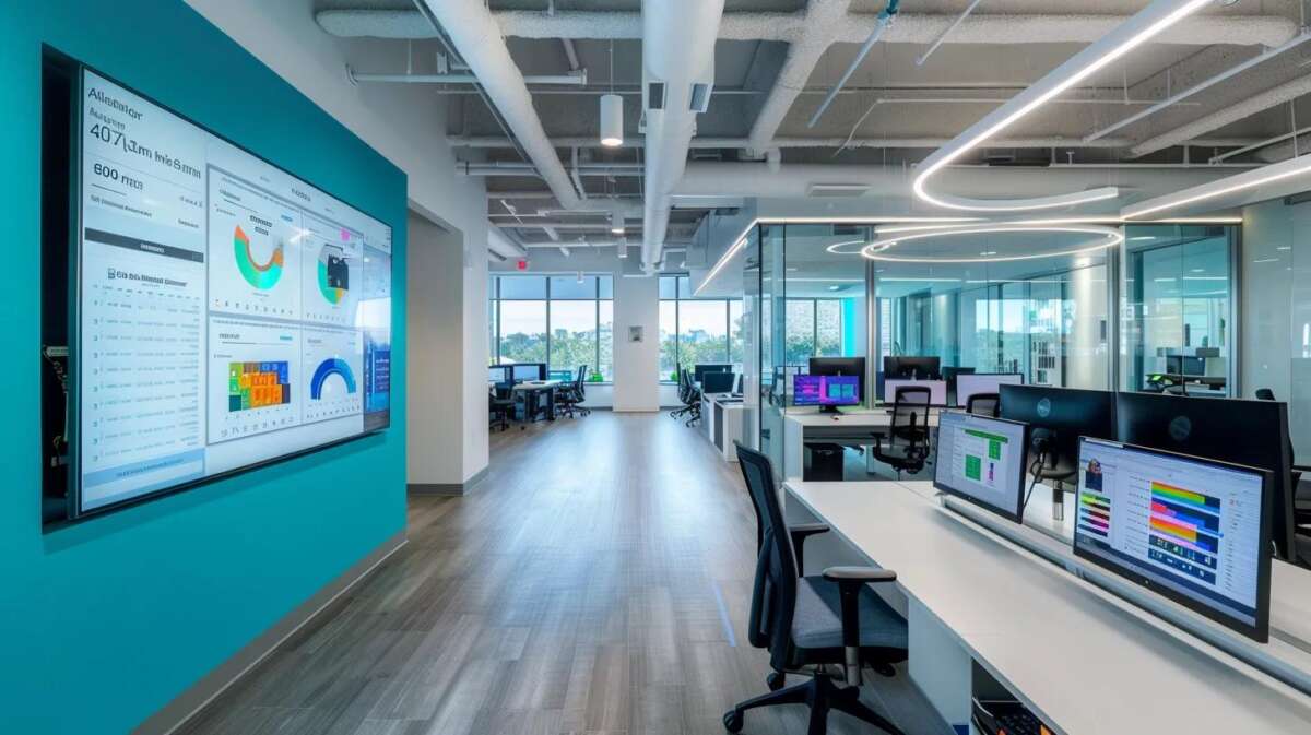 create a high-tech office environment where an ai-driven analytics dashboard is displayed prominently on sleek monitors, showcasing colorful data visualizations and local search patterns, illuminated by cool white and teal lighting, capturing the essence of advanced digital marketing strategies in a contemporary workspace.