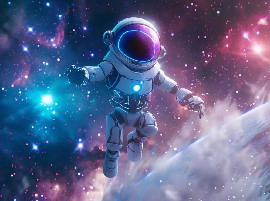create a hyper-realistic image of a sleek ai robot floating gracefully in deep space, surrounded by a cosmic backdrop of swirling stars and vibrant nebulae, featuring a captivating white and teal palette with bold purple accents, all captured with a dreamy bokeh effect to emphasize the futuristic ambiance.
