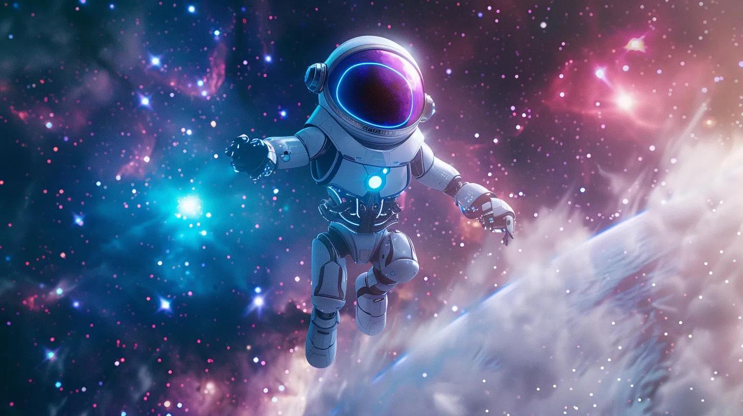 create a hyper-realistic image of a sleek ai robot floating gracefully in deep space, surrounded by a cosmic backdrop of swirling stars and vibrant nebulae, featuring a captivating white and teal palette with bold purple accents, all captured with a dreamy bokeh effect to emphasize the futuristic ambiance.
