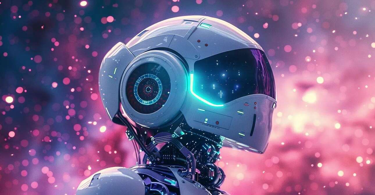create an ultra-realistic image of a stunning ai robot floating in a vibrant cosmic landscape, illuminated by swirling data streams and ethereal light particles in a white and teal color scheme with purple highlights, showcasing its perception of the universe against a backdrop of stars, nebulae, and distant galaxies.