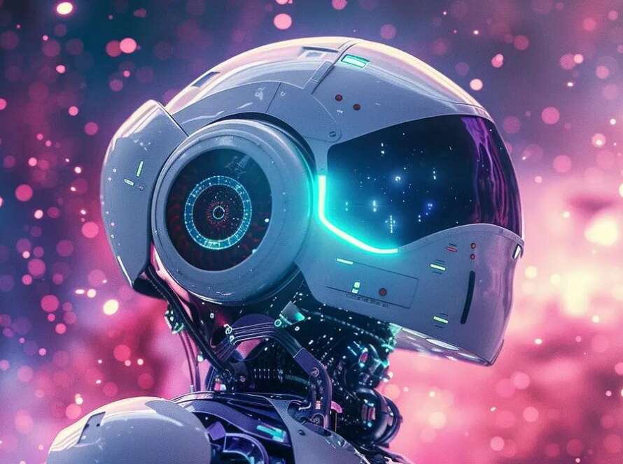 create an ultra-realistic image of a stunning ai robot floating in a vibrant cosmic landscape, illuminated by swirling data streams and ethereal light particles in a white and teal color scheme with purple highlights, showcasing its perception of the universe against a backdrop of stars, nebulae, and distant galaxies.