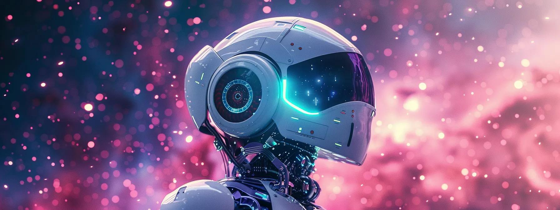 create an ultra-realistic image of a stunning ai robot floating in a vibrant cosmic landscape, illuminated by swirling data streams and ethereal light particles in a white and teal color scheme with purple highlights, showcasing its perception of the universe against a backdrop of stars, nebulae, and distant galaxies.