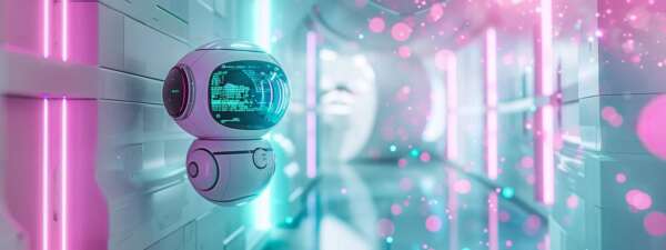 an ultra-realistic image of a sleek, metallic ai robot floating in a vibrant futuristic office illuminated by glowing screens displaying dynamic seo data trends, with cosmic elements hinting at the vastness of digital innovation, all set against a backdrop of swirling light particles in a white and teal color scheme with purple highlights.