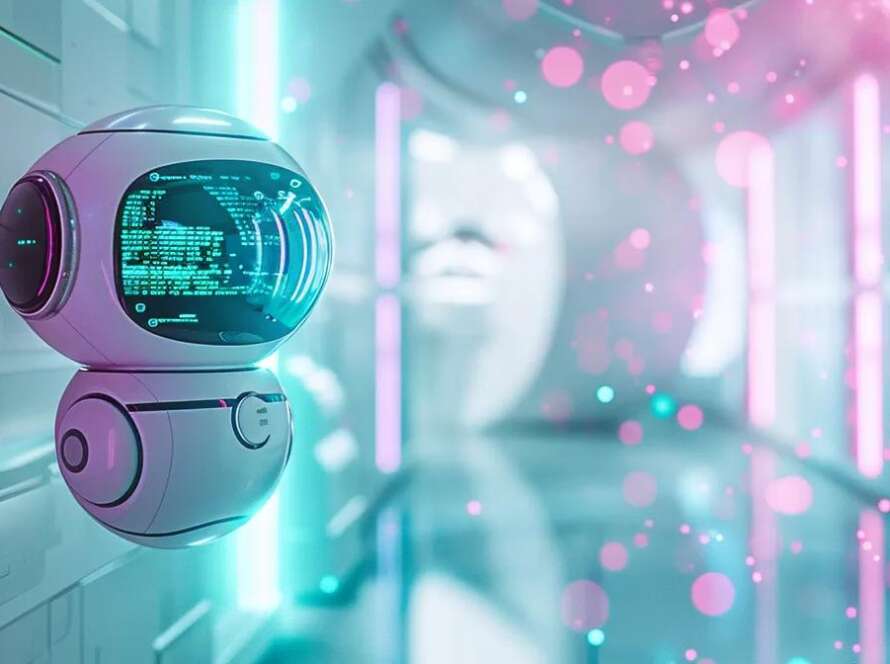 an ultra-realistic image of a sleek, metallic ai robot floating in a vibrant futuristic office illuminated by glowing screens displaying dynamic seo data trends, with cosmic elements hinting at the vastness of digital innovation, all set against a backdrop of swirling light particles in a white and teal color scheme with purple highlights.