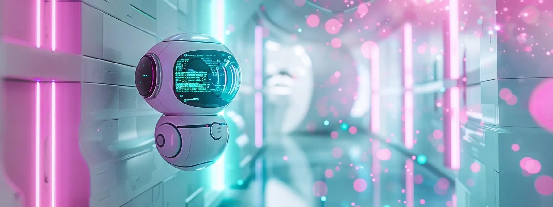 an ultra-realistic image of a sleek, metallic ai robot floating in a vibrant futuristic office illuminated by glowing screens displaying dynamic seo data trends, with cosmic elements hinting at the vastness of digital innovation, all set against a backdrop of swirling light particles in a white and teal color scheme with purple highlights.