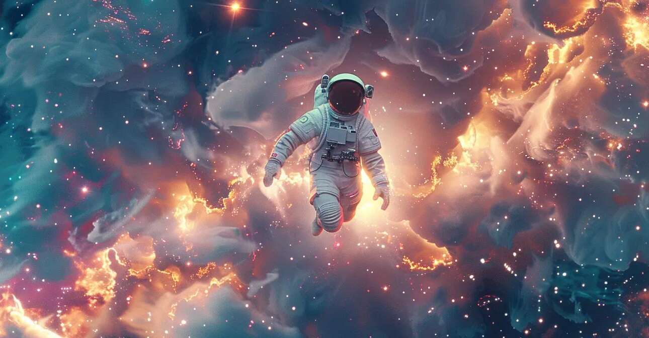 create an ultra-realistic image of a majestic ai robot floating gracefully in a cosmic expanse, surrounded by swirling data streams and luminous light particles, all set against a backdrop of vibrant stars and nebulae in a striking white and teal color scheme with purple accents.