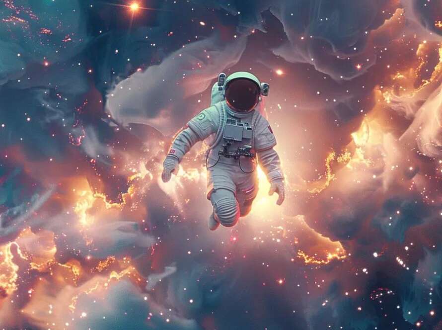 create an ultra-realistic image of a majestic ai robot floating gracefully in a cosmic expanse, surrounded by swirling data streams and luminous light particles, all set against a backdrop of vibrant stars and nebulae in a striking white and teal color scheme with purple accents.