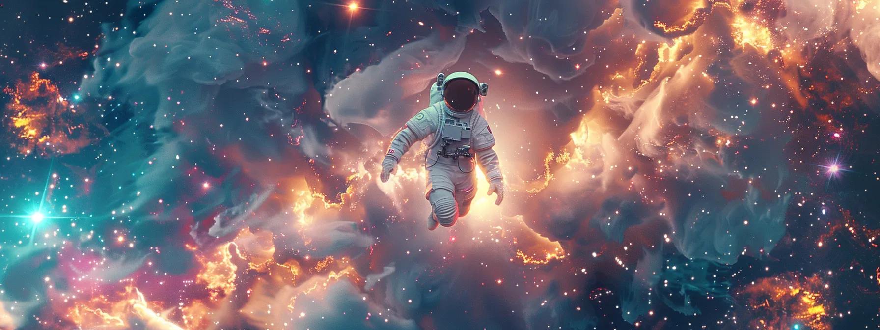 create an ultra-realistic image of a majestic ai robot floating gracefully in a cosmic expanse, surrounded by swirling data streams and luminous light particles, all set against a backdrop of vibrant stars and nebulae in a striking white and teal color scheme with purple accents.
