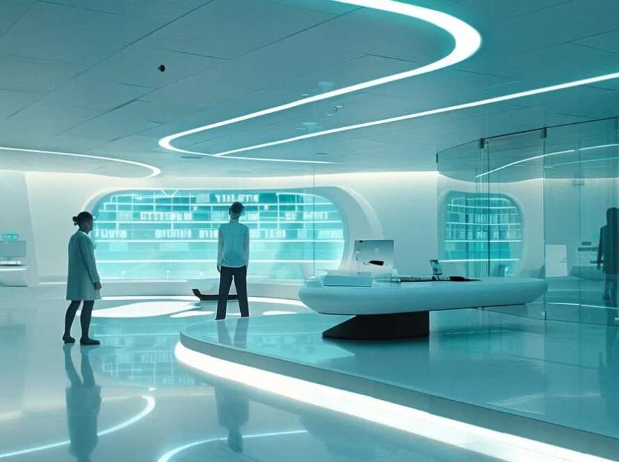 in a sleek, ultra-modern office bathed in ambient teal and white hues, business professionals collaborate around holographic displays showcasing ai neural networks and seo strategies, surrounded by floating data panels and minimalist tech branding, capturing the essence of the future of digital marketing in addiction treatment.
