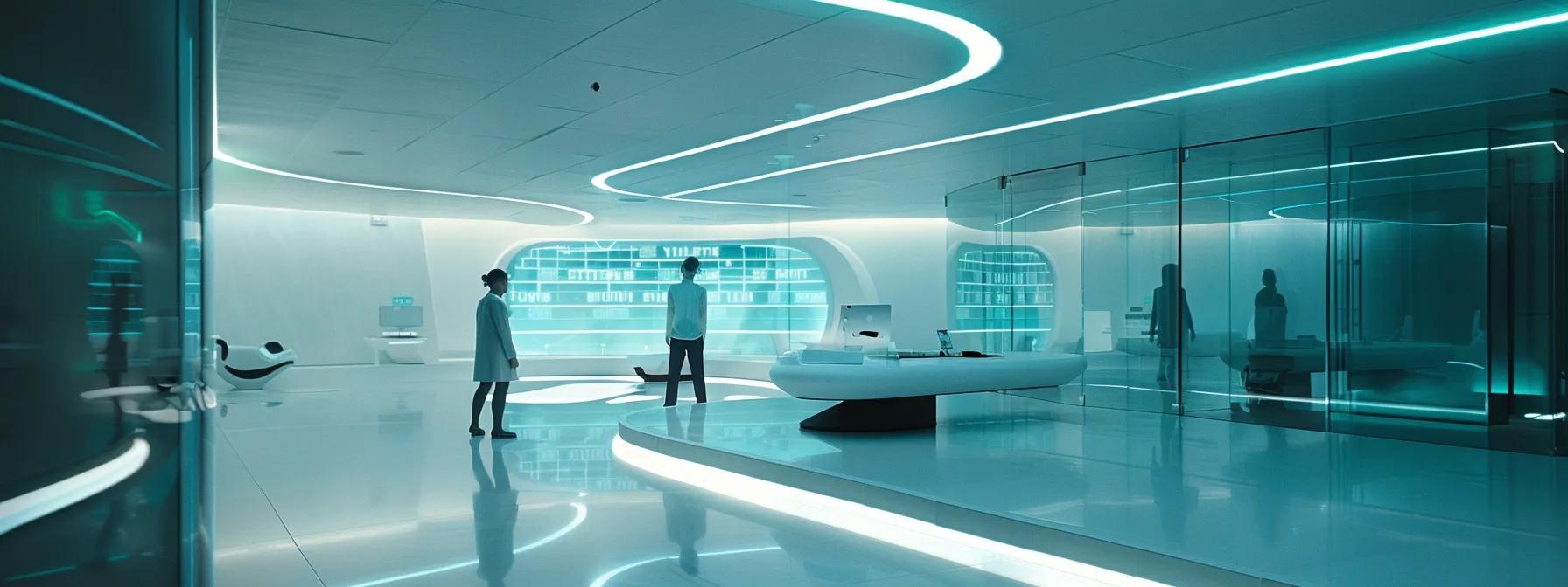 in a sleek, ultra-modern office bathed in ambient teal and white hues, business professionals collaborate around holographic displays showcasing ai neural networks and seo strategies, surrounded by floating data panels and minimalist tech branding, capturing the essence of the future of digital marketing in addiction treatment.