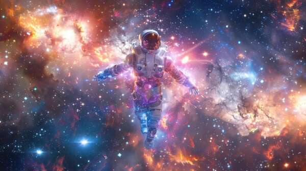 a stunning ai robot floats gracefully in a vibrant cosmic expanse filled with swirling data streams and luminous particles, embodying the fusion of technology and innovation against a backdrop of brilliant stars and colorful nebulae.