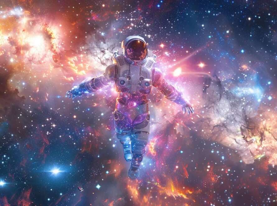 a stunning ai robot floats gracefully in a vibrant cosmic expanse filled with swirling data streams and luminous particles, embodying the fusion of technology and innovation against a backdrop of brilliant stars and colorful nebulae.