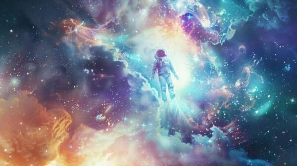 a stunning ai robot floats serenely in a vibrant cosmic expanse, surrounded by swirling data streams and ethereal light particles, embodying the critical risks of neglecting ai seo in addiction treatment marketing strategies against a backdrop of stars and nebulae in a palette of white, teal, and purple highlights.