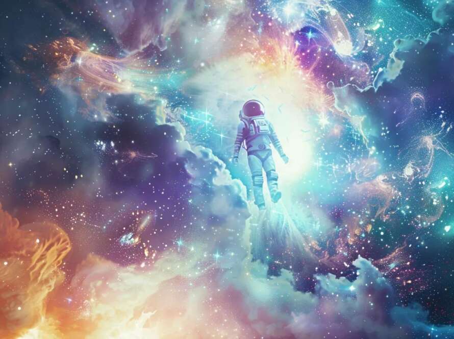 a stunning ai robot floats serenely in a vibrant cosmic expanse, surrounded by swirling data streams and ethereal light particles, embodying the critical risks of neglecting ai seo in addiction treatment marketing strategies against a backdrop of stars and nebulae in a palette of white, teal, and purple highlights.