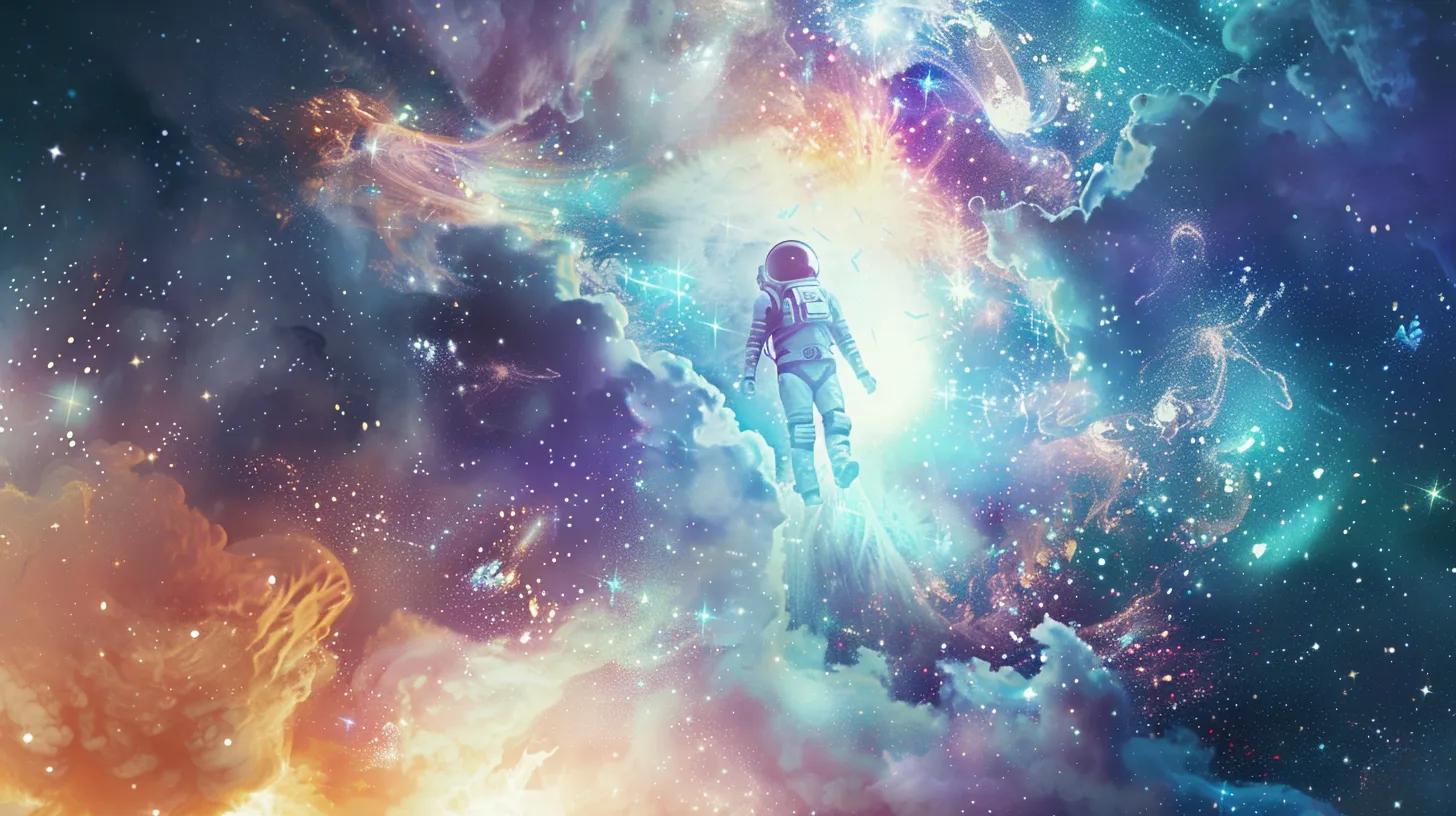 a stunning ai robot floats serenely in a vibrant cosmic expanse, surrounded by swirling data streams and ethereal light particles, embodying the critical risks of neglecting ai seo in addiction treatment marketing strategies against a backdrop of stars and nebulae in a palette of white, teal, and purple highlights.