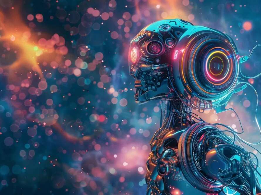 a sleek, luminous ai robot hovers serenely in a mesmerizing cosmic expanse, surrounded by swirling data streams and vibrant nebulae, symbolizing the futuristic intersection of ai and seo in addiction treatment.