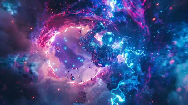 a stunning ai robot hovers in a mesmerizing cosmic landscape, surrounded by swirling data streams and vibrant light particles, embodying the future of technology's role in marketing for addiction treatment.