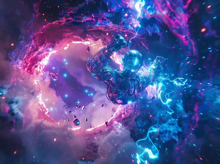 a stunning ai robot hovers in a mesmerizing cosmic landscape, surrounded by swirling data streams and vibrant light particles, embodying the future of technology's role in marketing for addiction treatment.