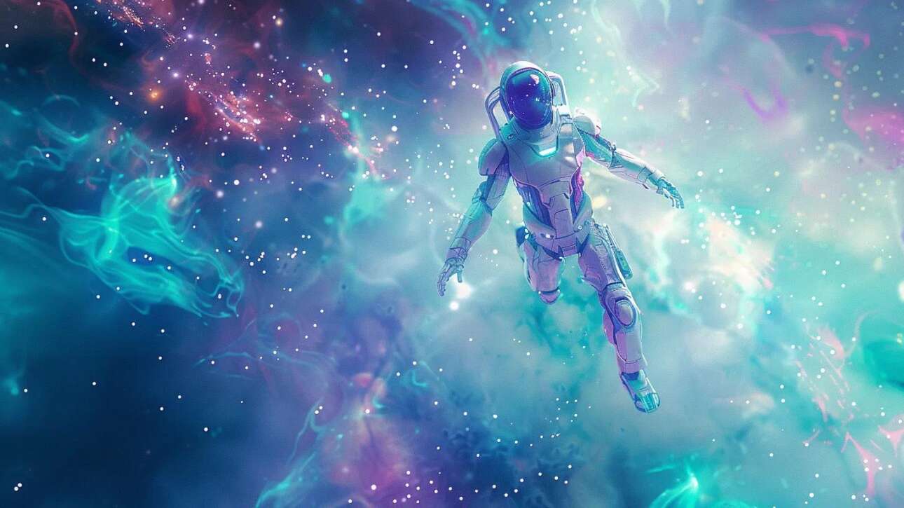 SEO in Orlando, FL | SCALZ.AI | a stunning, ultra-realistic ai robot hovers serenely in a vibrant cosmic landscape, surrounded by swirling data streams and radiant particles, all rendered in a striking white and teal color palette with purple highlights, embodying the cutting-edge essence of a top seo agency.