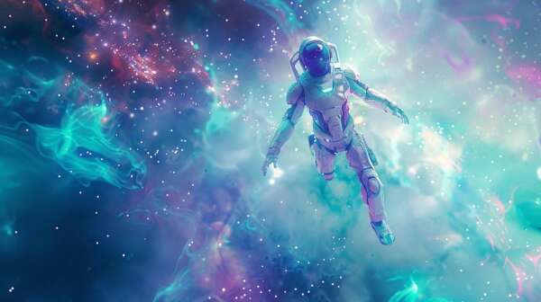 SEO in Orlando, FL | SCALZ.AI | a stunning, ultra-realistic ai robot hovers serenely in a vibrant cosmic landscape, surrounded by swirling data streams and radiant particles, all rendered in a striking white and teal color palette with purple highlights, embodying the cutting-edge essence of a top seo agency.