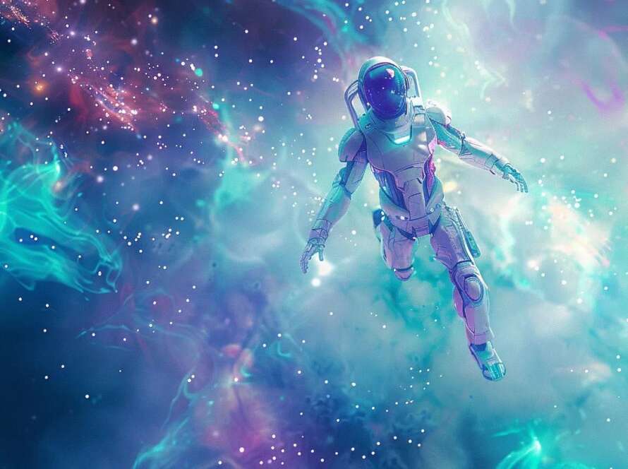 SEO in Orlando, FL | SCALZ.AI | a stunning, ultra-realistic ai robot hovers serenely in a vibrant cosmic landscape, surrounded by swirling data streams and radiant particles, all rendered in a striking white and teal color palette with purple highlights, embodying the cutting-edge essence of a top seo agency.