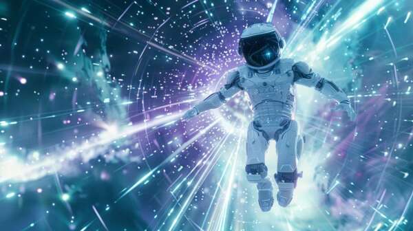 an ultra-realistic ai robot hovers gracefully in a stunning cosmic expanse, surrounded by vibrant data streams and glowing light particles, showcasing a white and teal color palette accentuated with purple highlights, as it intently perceives the vast mysteries of the universe. SCALZ.AI