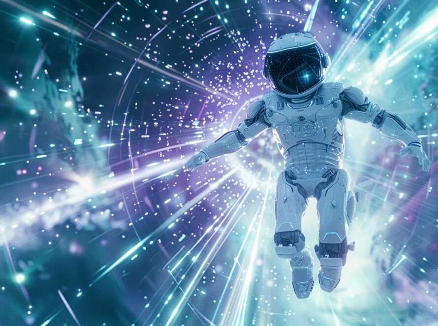 an ultra-realistic ai robot hovers gracefully in a stunning cosmic expanse, surrounded by vibrant data streams and glowing light particles, showcasing a white and teal color palette accentuated with purple highlights, as it intently perceives the vast mysteries of the universe. SCALZ.AI