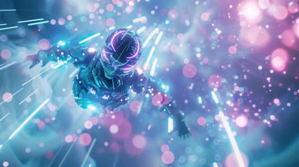 an ultra-realistic ai robot floats amid a mesmerizing cosmic vista filled with swirling data streams and shimmering light particles, all rendered in a striking white and teal color scheme with vibrant purple highlights, perfectly capturing its perception of the universe.