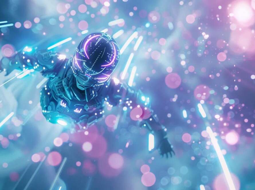 an ultra-realistic ai robot floats amid a mesmerizing cosmic vista filled with swirling data streams and shimmering light particles, all rendered in a striking white and teal color scheme with vibrant purple highlights, perfectly capturing its perception of the universe.