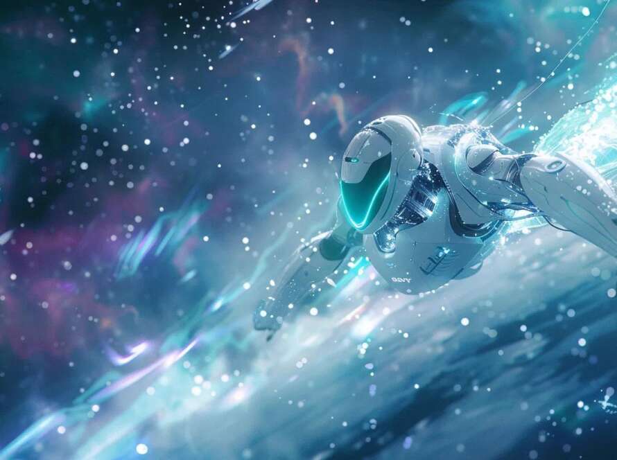 an ultra-realistic ai robot elegantly floats within a mesmerizing cosmic landscape, surrounded by swirling data streams and glowing particles, showcasing a striking white and teal color scheme accented with vibrant purple highlights against a backdrop of twinkling stars and nebulous galaxies.