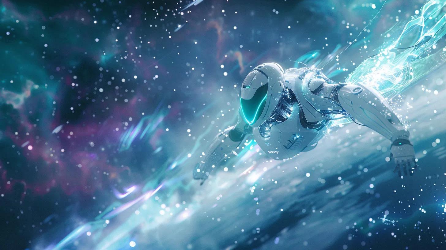 an ultra-realistic ai robot elegantly floats within a mesmerizing cosmic landscape, surrounded by swirling data streams and glowing particles, showcasing a striking white and teal color scheme accented with vibrant purple highlights against a backdrop of twinkling stars and nebulous galaxies.