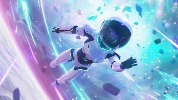 capture a stunning, ultra-realistic ai robot gracefully hovering in a vibrant cosmic expanse, surrounded by swirling data streams and radiant light particles, all in a striking white and teal color scheme with purple highlights, emphasizing its connection to advanced digital strategies in a modern addiction treatment context.