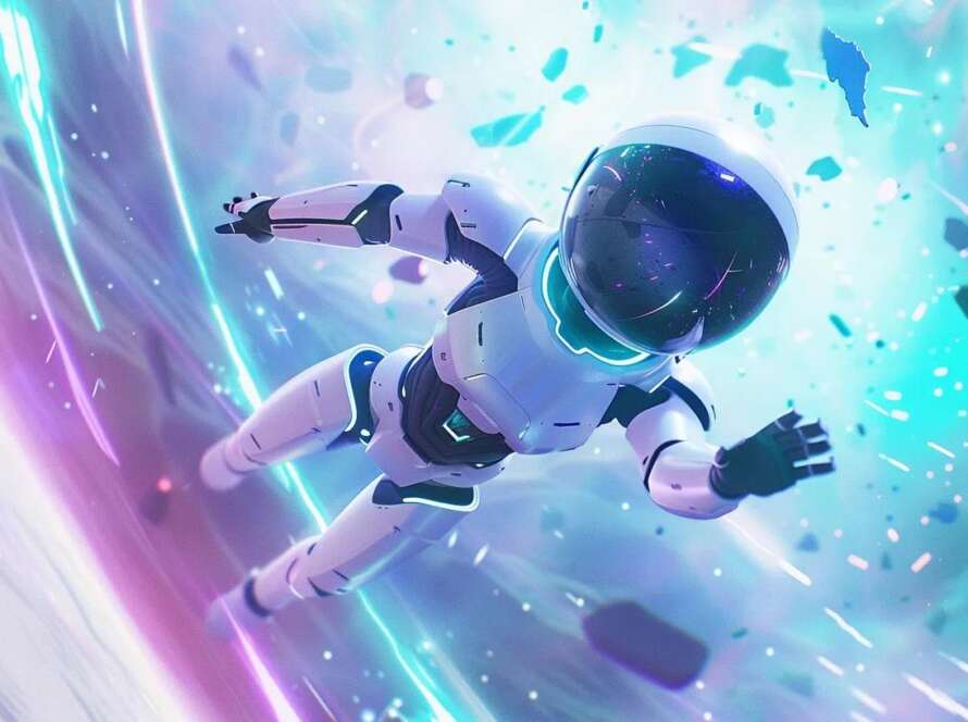 capture a stunning, ultra-realistic ai robot gracefully hovering in a vibrant cosmic expanse, surrounded by swirling data streams and radiant light particles, all in a striking white and teal color scheme with purple highlights, emphasizing its connection to advanced digital strategies in a modern addiction treatment context.