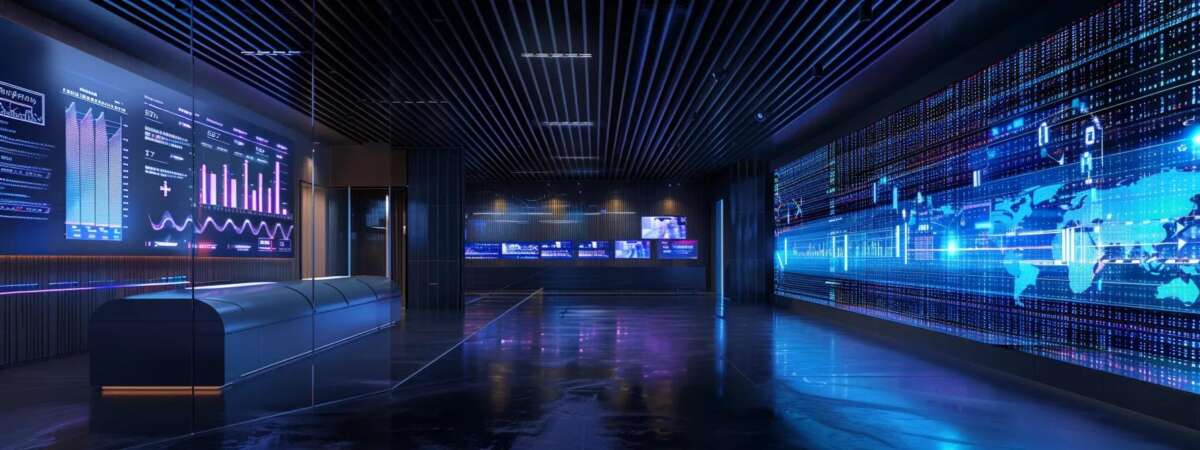 a sleek, modern office filled with advanced technology, showcasing a large screen displaying vibrant graphs and analytics representing optimized business listings and ai-driven seo strategies for local rankings.