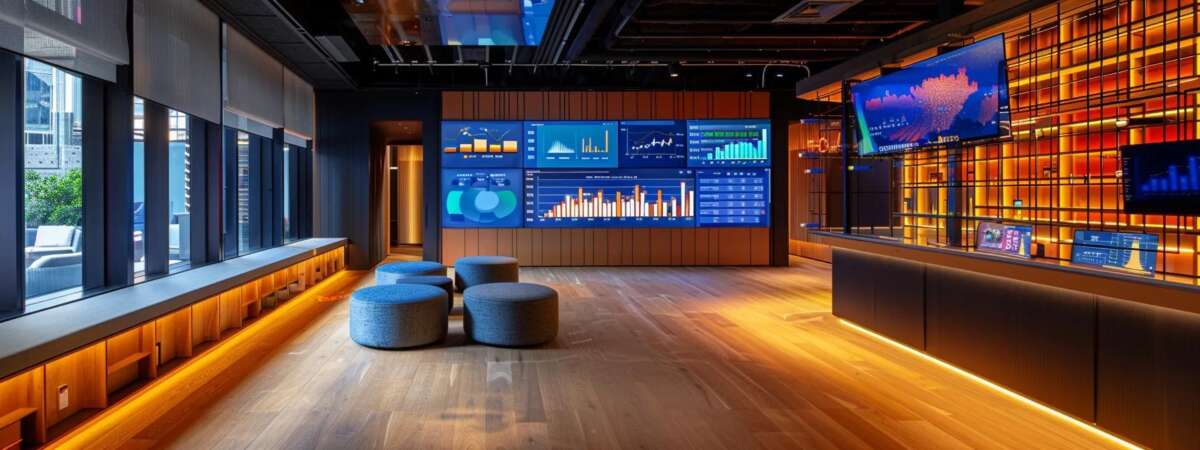 a sleek, modern office filled with advanced technology, showcasing a large screen displaying vibrant graphs and analytics representing optimized business listings and ai-driven seo strategies for local rankings.