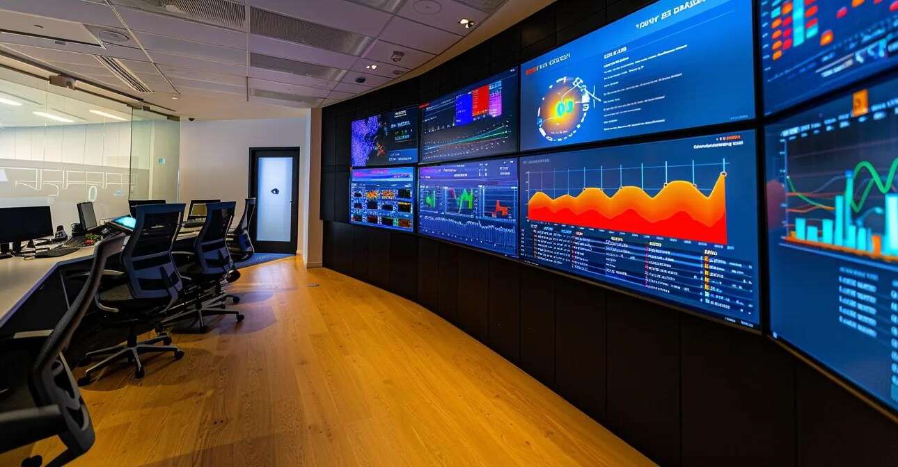 a sleek, modern office filled with advanced technology, showcasing a large screen displaying vibrant graphs and analytics representing optimized business listings and ai-driven seo strategies for local rankings.