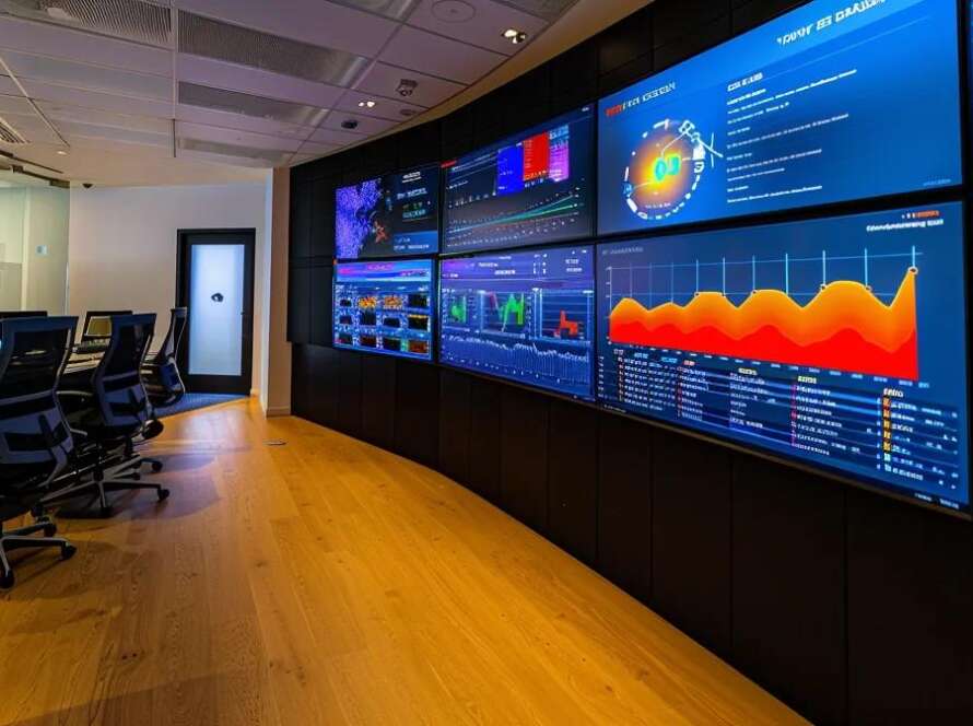 a sleek, modern office filled with advanced technology, showcasing a large screen displaying vibrant graphs and analytics representing optimized business listings and ai-driven seo strategies for local rankings.